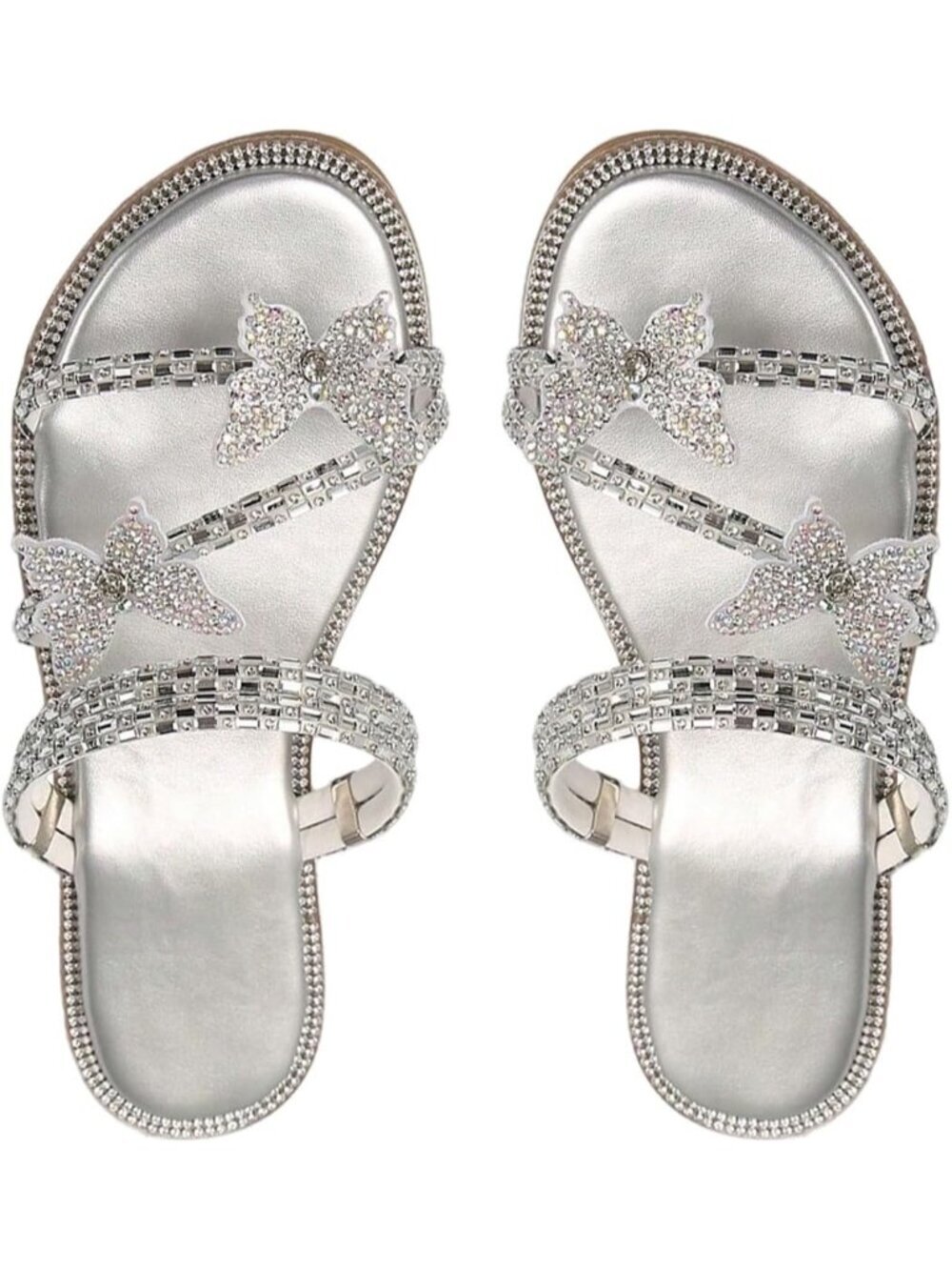 Women's Silver Flat Loafers Sparkly Butterfly Strappy Open Toe Elegant Slides